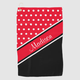 Red Polka Dot Black Diagonal Script Name Golfhandtuch