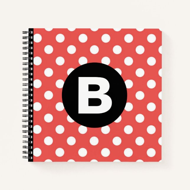 Red Polka Dot Pattern Black Monogram Notizbuch (Vorderseite)