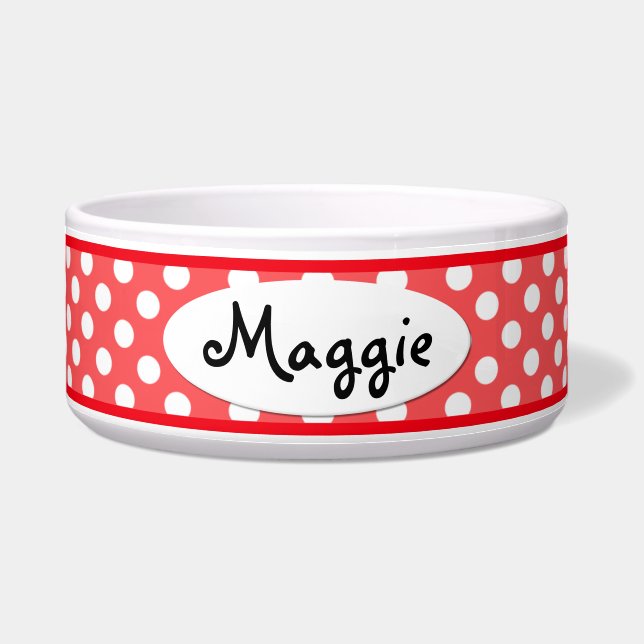 Red Polka Dot Personalisierte Keramik Dog Bowl Napf (Vorderseite)