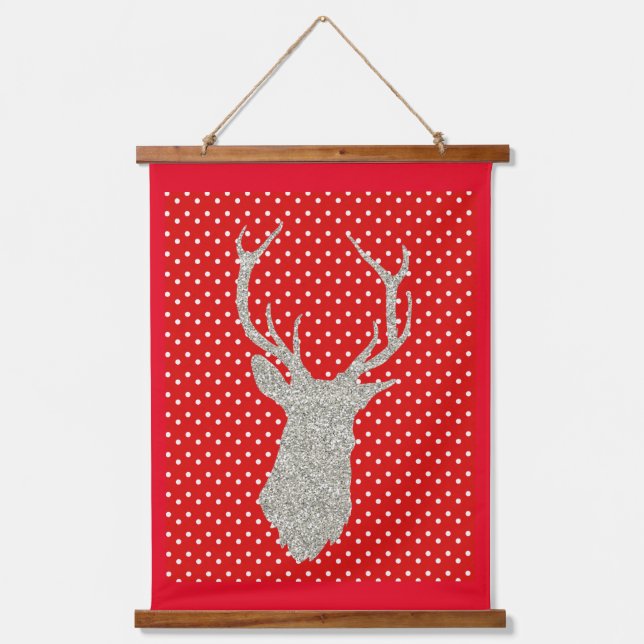 Red Polka Dot Silver Glitzer Deer Holiday Wandteppich Mit Holzrahmen (Vorderseite)