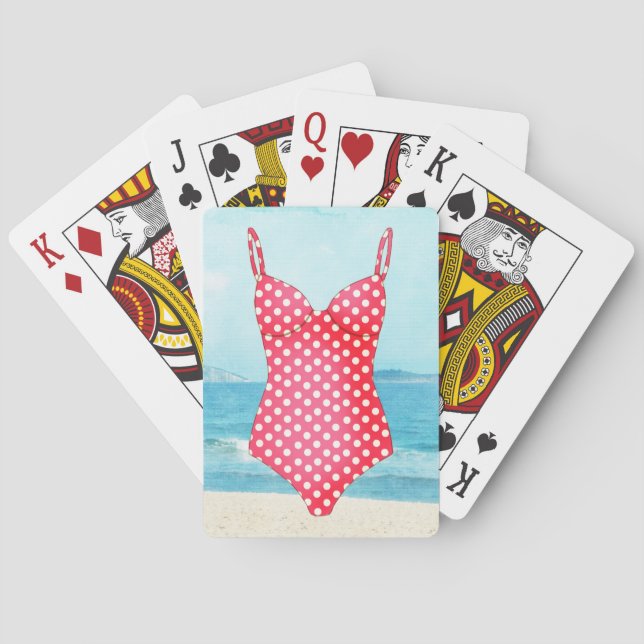 Red Polka Dot Swimsuit and Beach Playing Cards Spielkarten (Rückseite)
