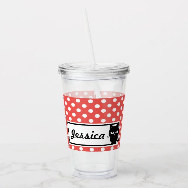 Red Polka Dot und Black Cat Personalisiert Acryltrinkbecher (Links)