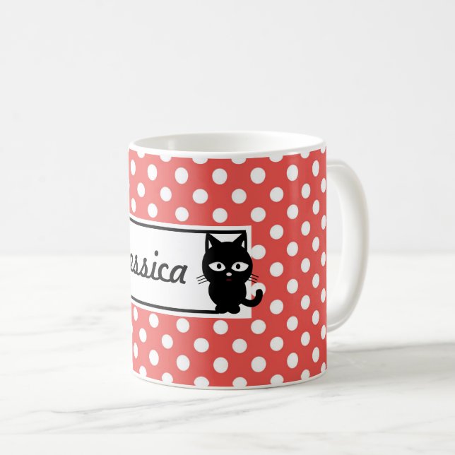 Red Polka Dot und Black Cat Personalisiert Kaffeetasse (VorderseiteRechts)