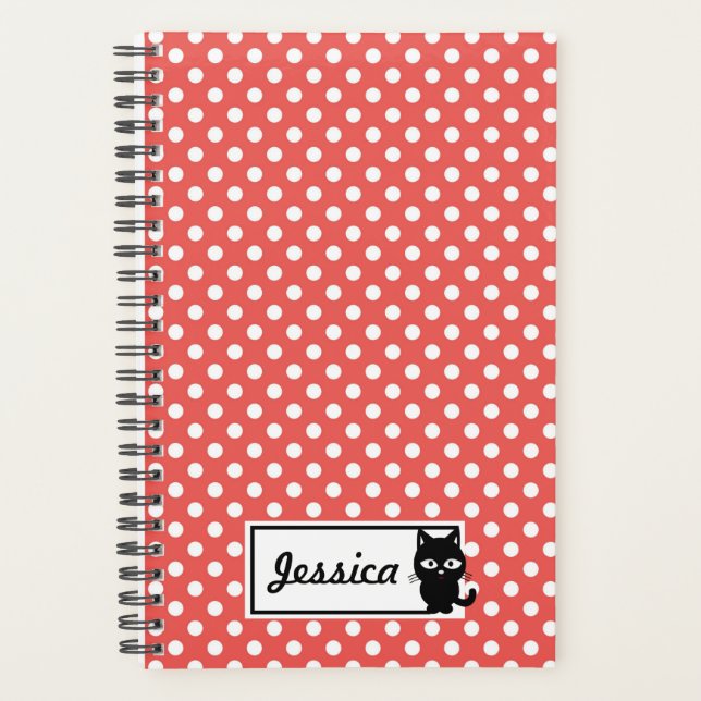 Red Polka Dot und Black Cat Personalisiert Planer (Vorderseite)
