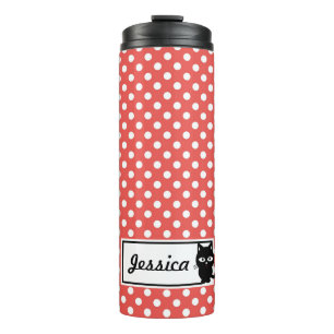 Red Polka Dot und Black Cat Personalisiert Thermosbecher