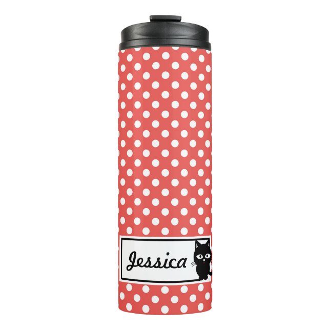 Red Polka Dot und Black Cat Personalisiert Thermosbecher (Vorderseite)