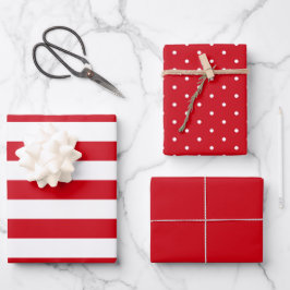 Red Polka Dot Wide Striped und Solid Geschenkpapier Set