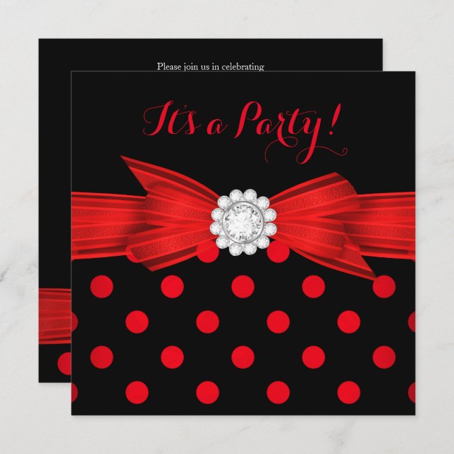 Red Polka Dots Diamond Bow Black Party Einladung (Vorne/Hinten)