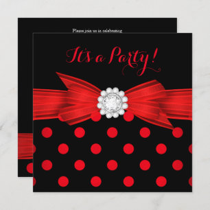 Red Polka Dots Diamond Bow Black Party Einladung