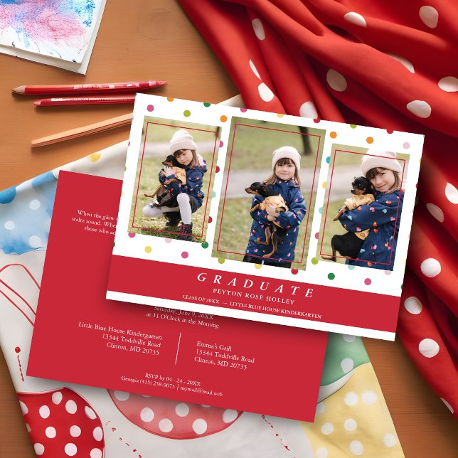 Red Polka Dots Funny Graduate 3 Foto Collage Einladung (Red Polka Dots Funny Graduate 3 Photos Collage Invitation Card.)