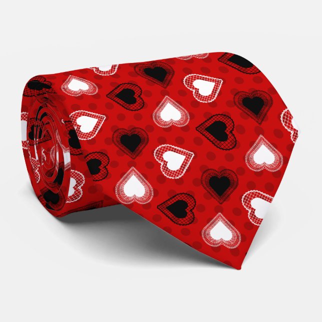 Red Polka Dots Lace Hearts Krawatte (Gerollt)