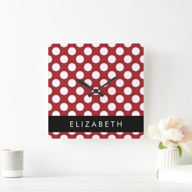 Red Polka Dots, Polka Dot Pattern, Ihr Name Quadratische Wanduhr (Zuhause)