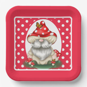Red Polka Dotted Mushroom Gnome Pappteller