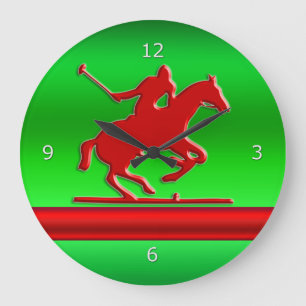 Red Polo Player on green metallic-effect field Große Wanduhr