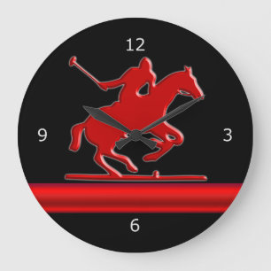 Red Polo Pony on black, red metallic-look stripe Große Wanduhr