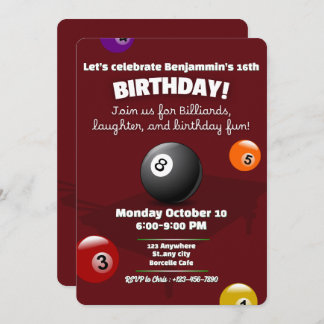 Red Pool Table Billiard Snooker Geburtstagsparty Einladung
