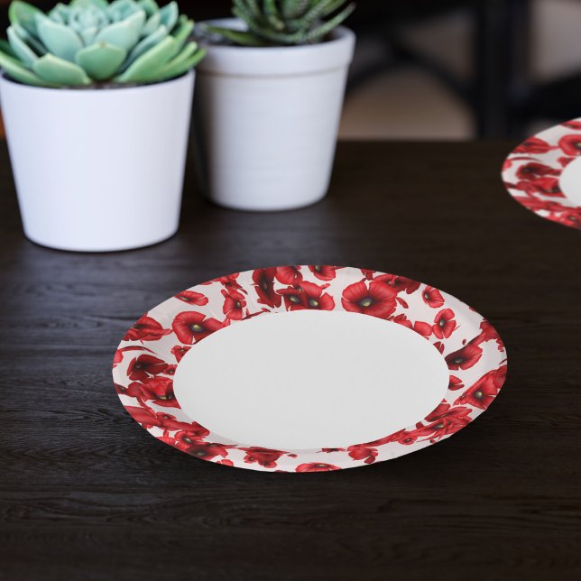 Red Poppe Blume Edge Pappteller (Perfect poppy paper plates for your picnics in the park or poppy parties. )