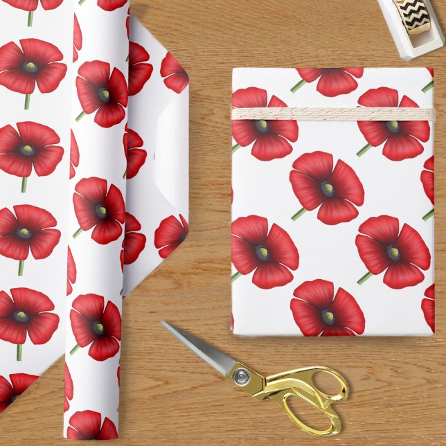 Red Poppe Blume Muster auf Weißwrapping Paper Geschenkpapier (Pretty poppy wrapping paper just for you)