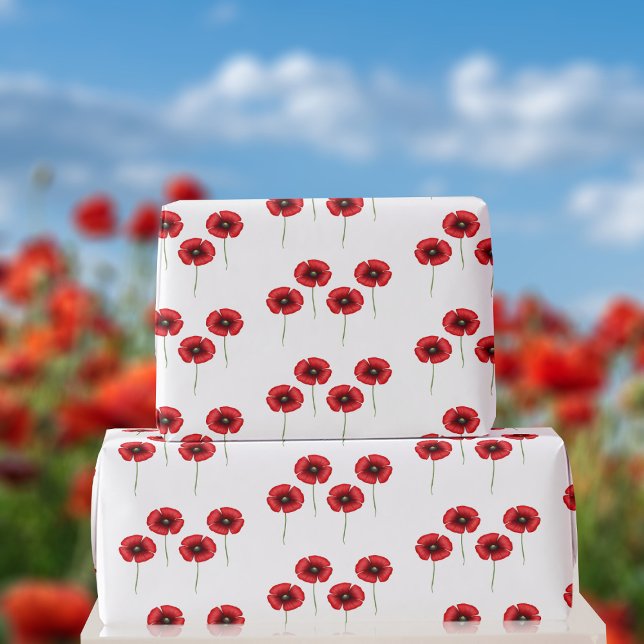 Red Poppe Muster auf weißem Papier Geschenkpapier (A pretty poppy pattern wrapping paper just for you)
