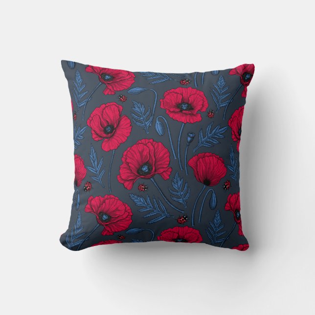 Red poppies and ladybugs on dark blue kissen (Vorderseite)