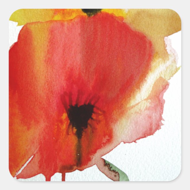 Red Poppies Aquarell Moderne Blumenkunst Quadratischer Aufkleber (Vorderseite)