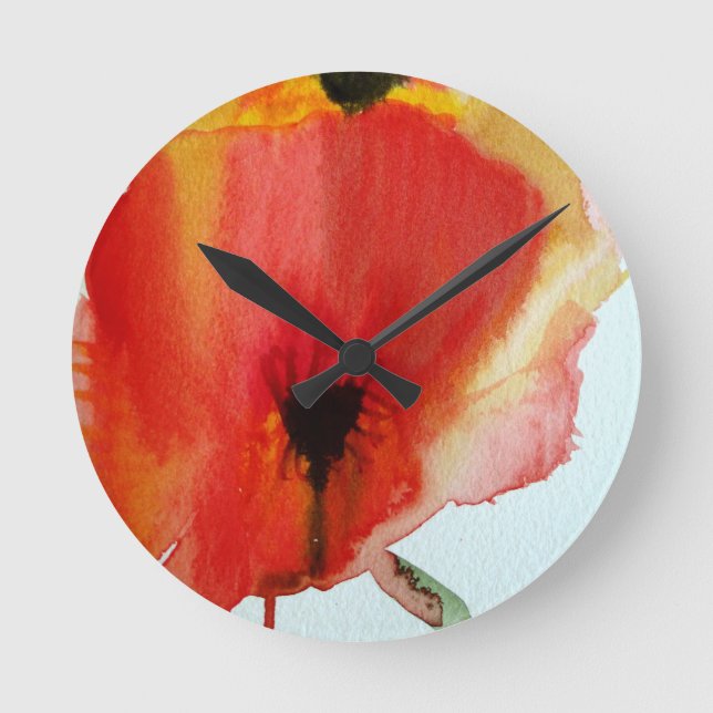 Red Poppies Aquarell Moderne Blumenkunst Runde Wanduhr (Vorderseite)