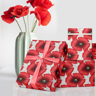 Red Poppies Blumenmuster Weißer Marmor Geschenkwra Geschenkpapier