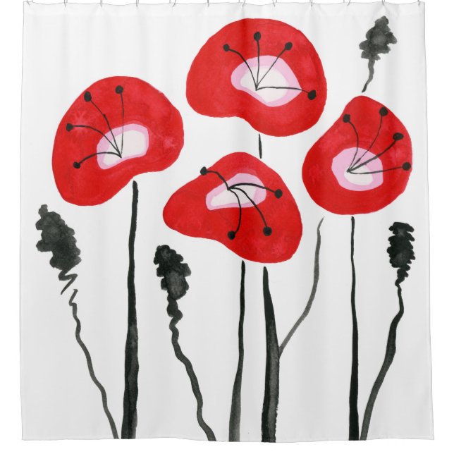 Red Poppies Boho Moderne Badezimmer Dekoration Duschvorhang (Vorderseite)
