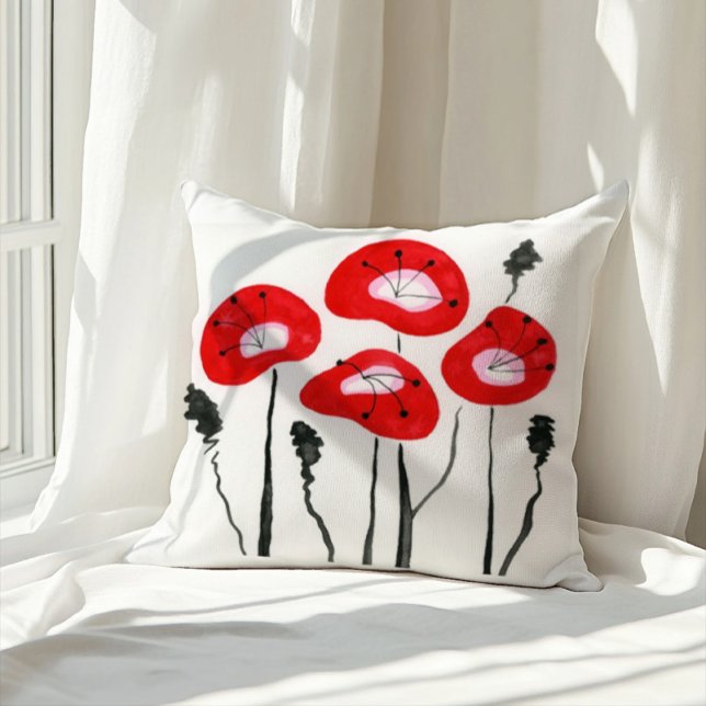 Red Poppies Boho Modernes Blumenmuster Kissen (Von Creator hochgeladen)