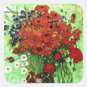 Red Poppies & Daisies Van Gogh Quadratischer Aufkleber
