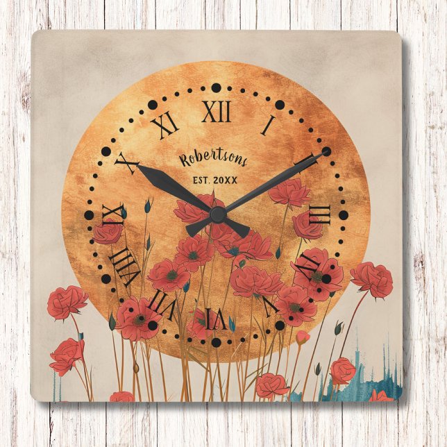 Red Poppies floral Rustic Monogram Wall Clock Quadratische Wanduhr (Von Creator hochgeladen)