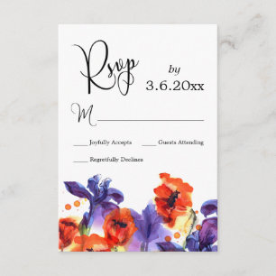 Red Poppies, Lila Iris Watercolor Wedding RSVP Karte