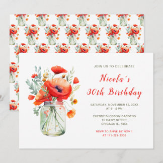 Red Poppies Mason Jar Birthday Party Einladung