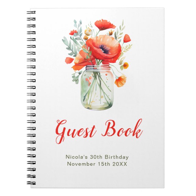 Red Poppies Mason Jar Birthday Party Guest Book Notizblock (Vorderseite)