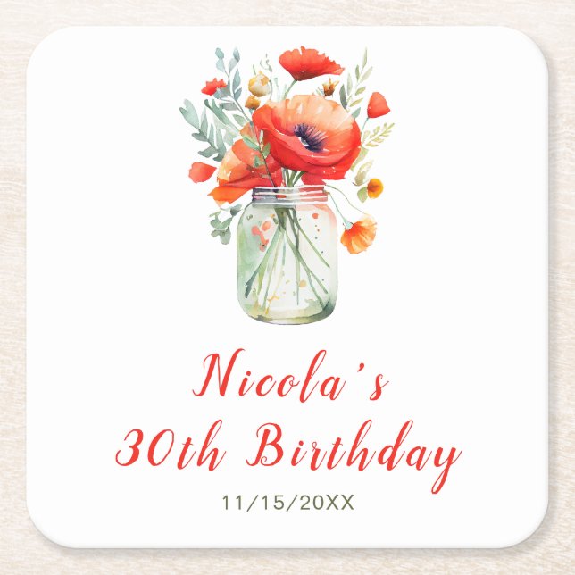 Red Poppies Mason Jar Birthday Rechteckiger Pappuntersetzer (Vorderseite)