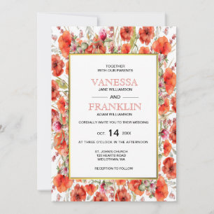 Red Poppies mit Gold Frame Wedding Einladung