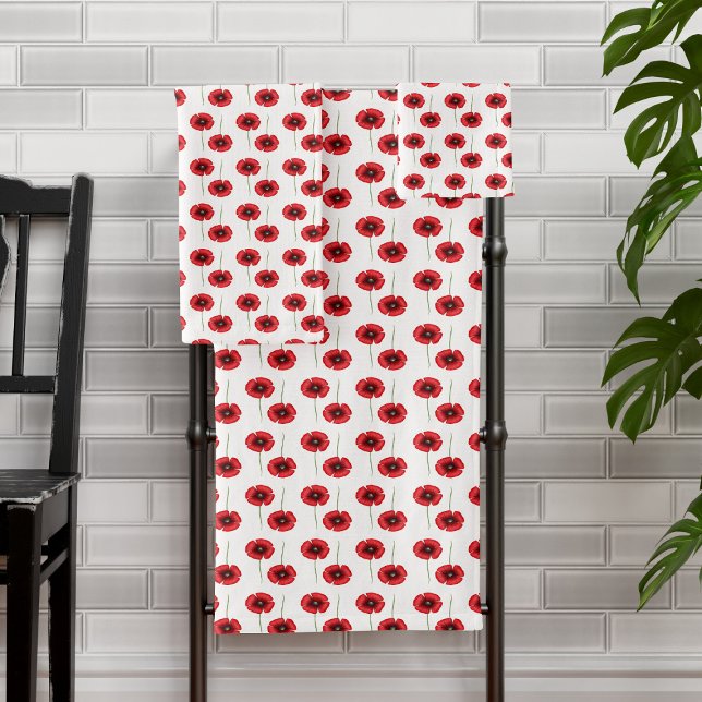 Red Poppies Modernes Blumenmuster auf Weiß Badhandtuch Set (Pop a pretty poppy bath towel in your bathroom today! Makes a lovely gift)