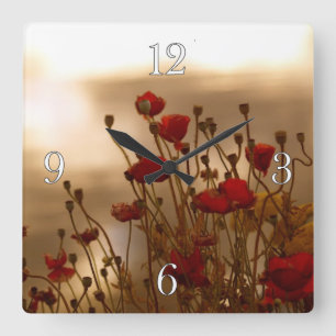 Red Poppies & Sunlight Flowers Flora Photo Clock Quadratische Wanduhr