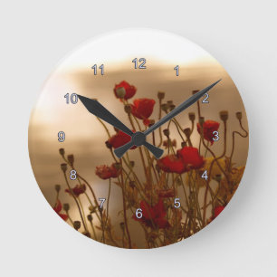 Red Poppies & Sunlight Flowers Flora Photo Clock Runde Wanduhr