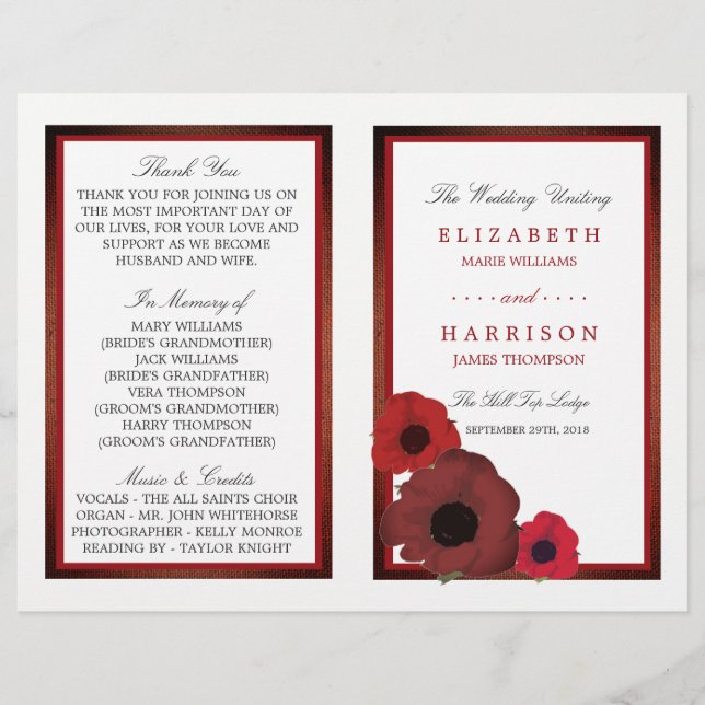 Red Poppies und Burlap Wedding Bi-fold Programm (Vorderseite)