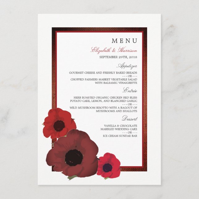 Red Poppies und Burlap Wedding Menu Menükarte (Vorderseite)