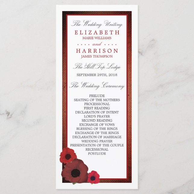 Red Poppies und Burlap Wedding Program Programm (Vorderseite)