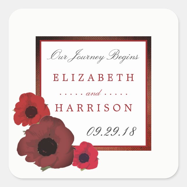 Red Poppies und Burlap Wedding Quadratischer Aufkleber (Vorderseite)