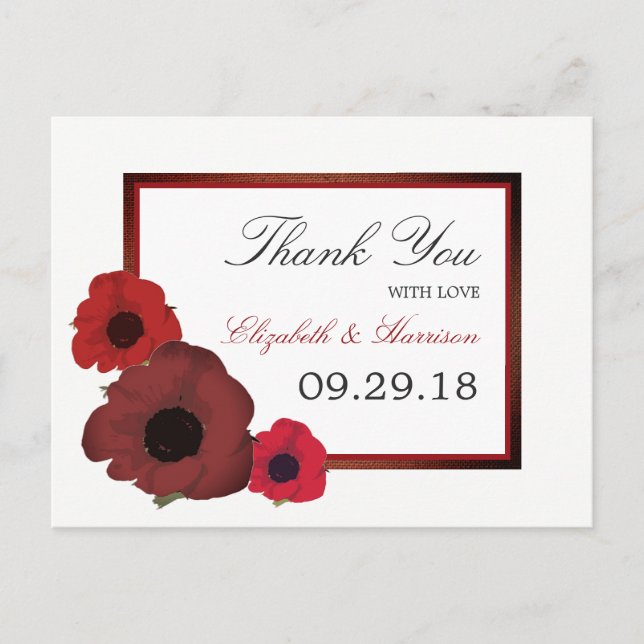Red Poppies und Burlap Wedding Vielen Dank Postkarte (Vorderseite)