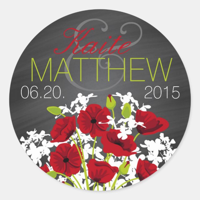 Red Poppies und Chalkboard Wedding Label Runder Aufkleber (Vorderseite)