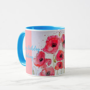 Red Poppies Watercolor Ladys Name Tasse blau