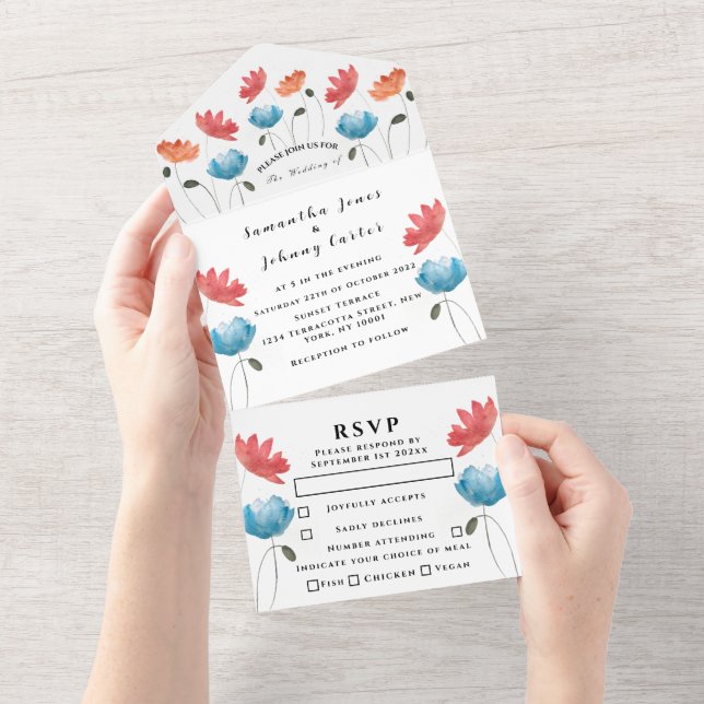 Red Poppies Watercolor Script Blumenhochzeit All In One Einladung (Abreißen)