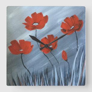Red Poppies with Grey Background Quadratische Wanduhr