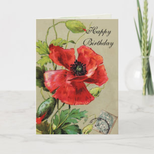 RED POPPY AND BUTTERFLY / Birthday Karte