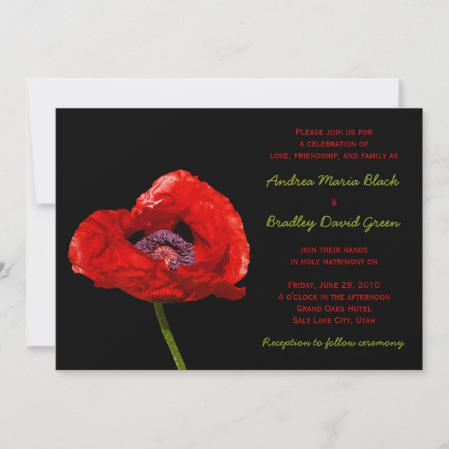 Red Poppy auf Black Wedding Einladung (Vorderseite)